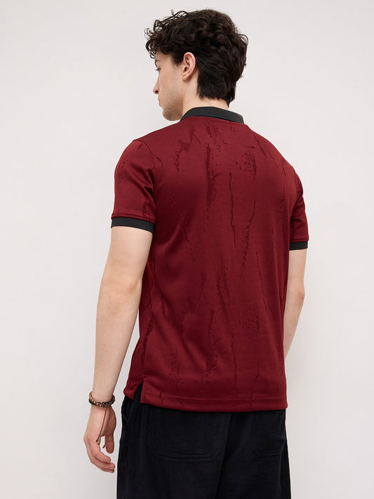 Aesthetic Maroon Textured Contrast Polo Knit T-Shirt