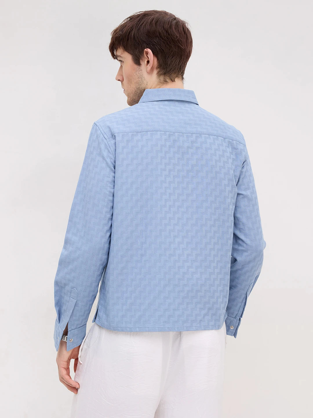Elevated Blue Maze Textured Straight Hem Crop Shirt