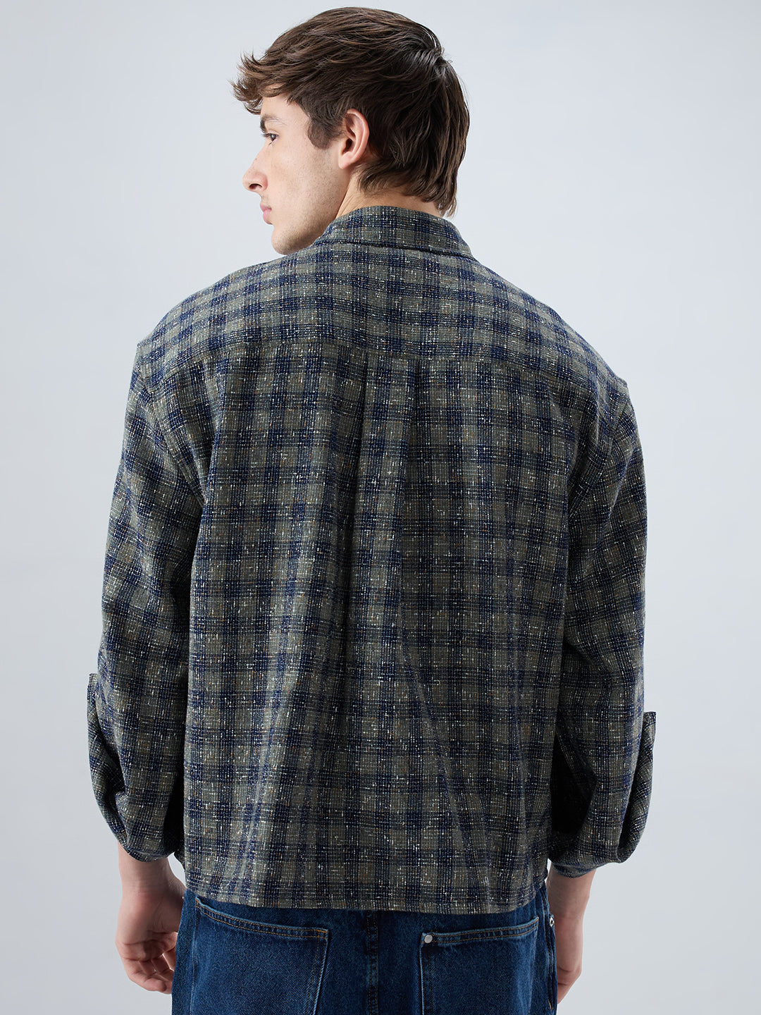 Riwaayat Glossy Olive Checked Oversized Crop Shirt