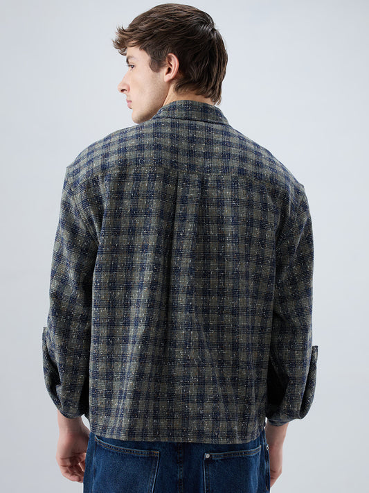 Riwaayat Glossy Olive Checked Oversized Crop Shirt