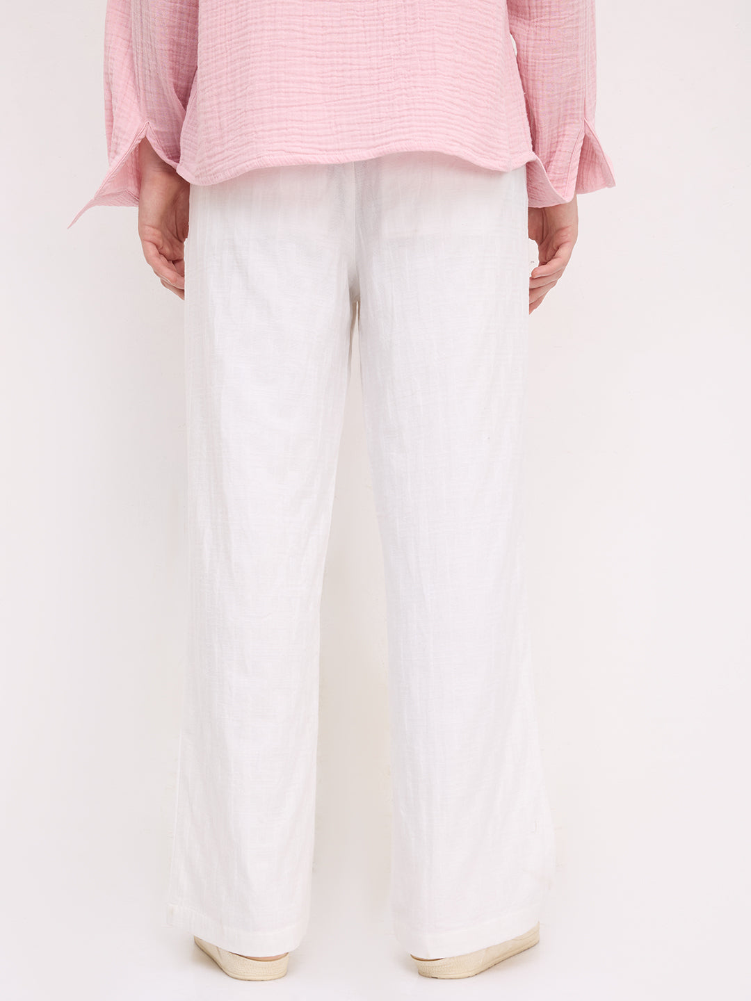Distinctive Pearl White Architectural Weave Wide Leg Trousers