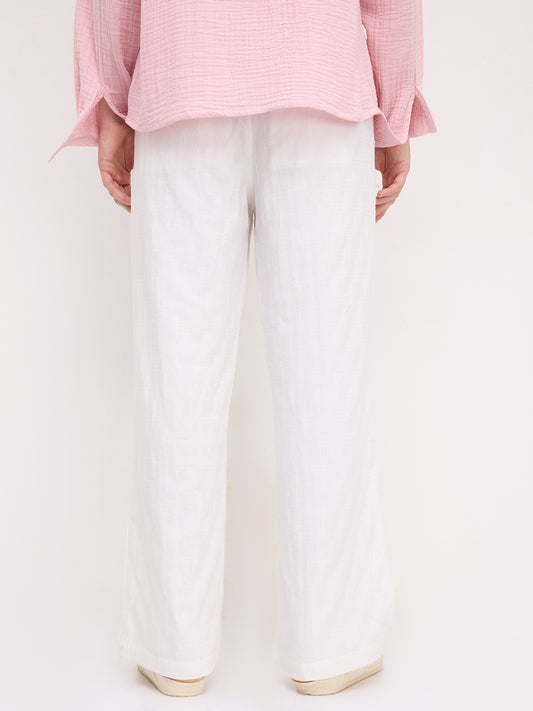 Distinctive Pearl White Architectural Weave Wide Leg Trousers