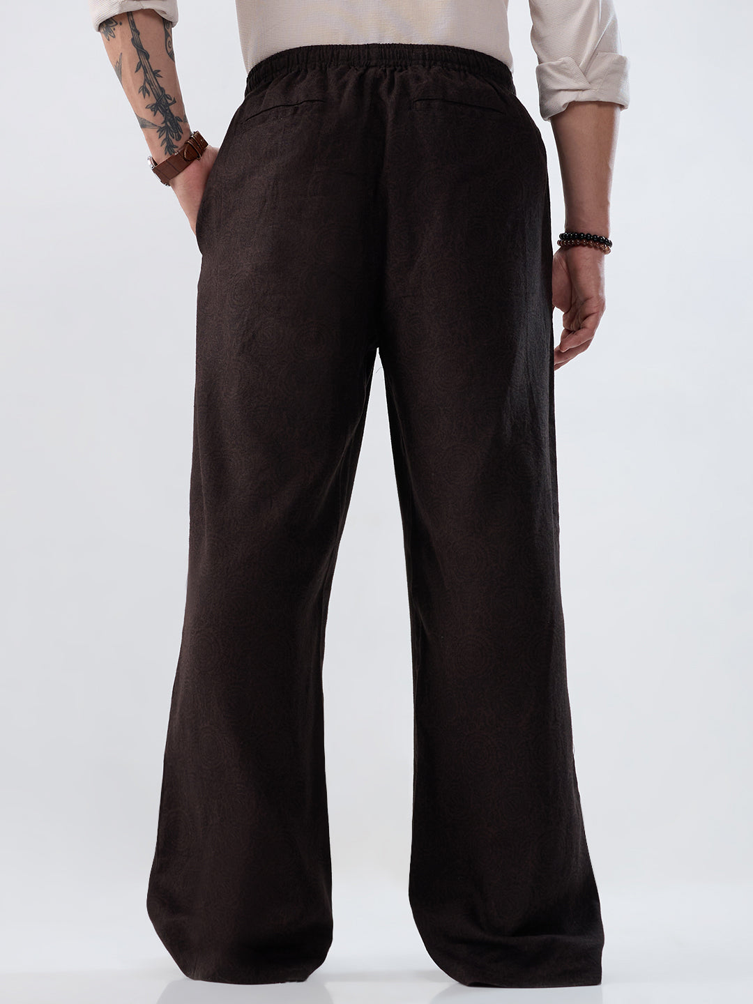Brown Linen Blend Motif Printed Wide-Leg Trousers