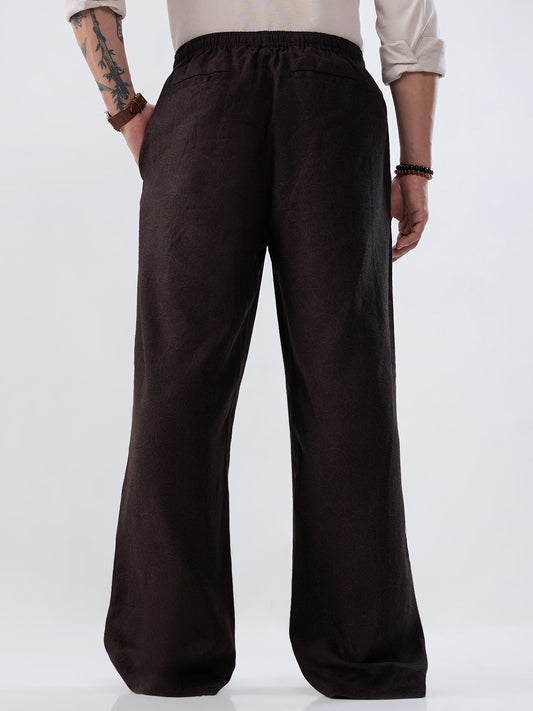 Brown Linen Blend Motif Printed Wide-Leg Trousers