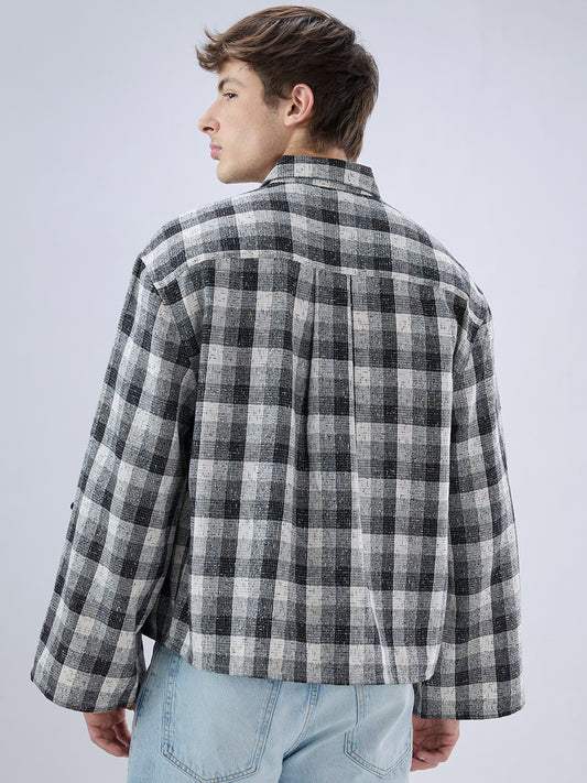 Black & White Textured Interweave Boxy Fit Crop Shirt