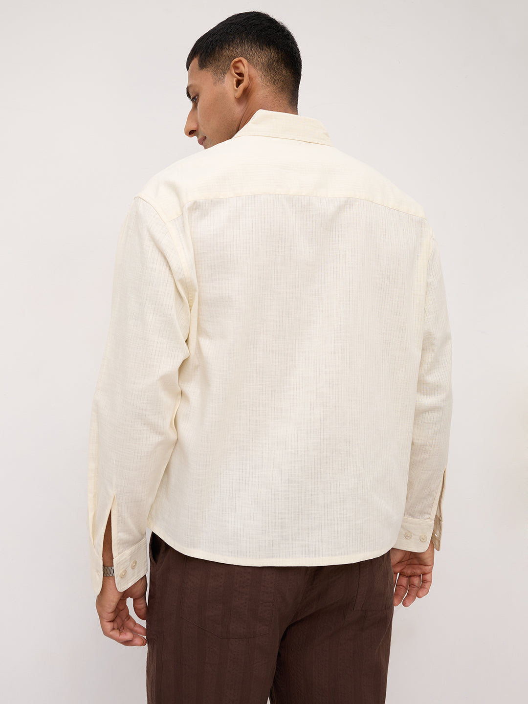 Ivory Sheer Slub Textured Boxy Fit Crop Shirt