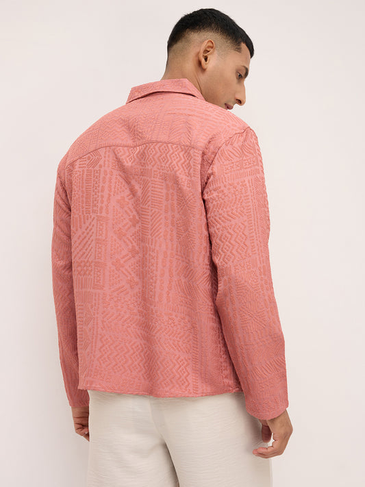 Intricate Soft Coral Textured Oversized Polo Neck Shirt