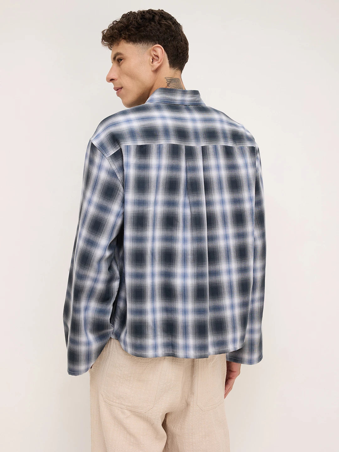 Opulent Slate Blue Plaid Checks Cuffless Boxy Fit Crop Shirt