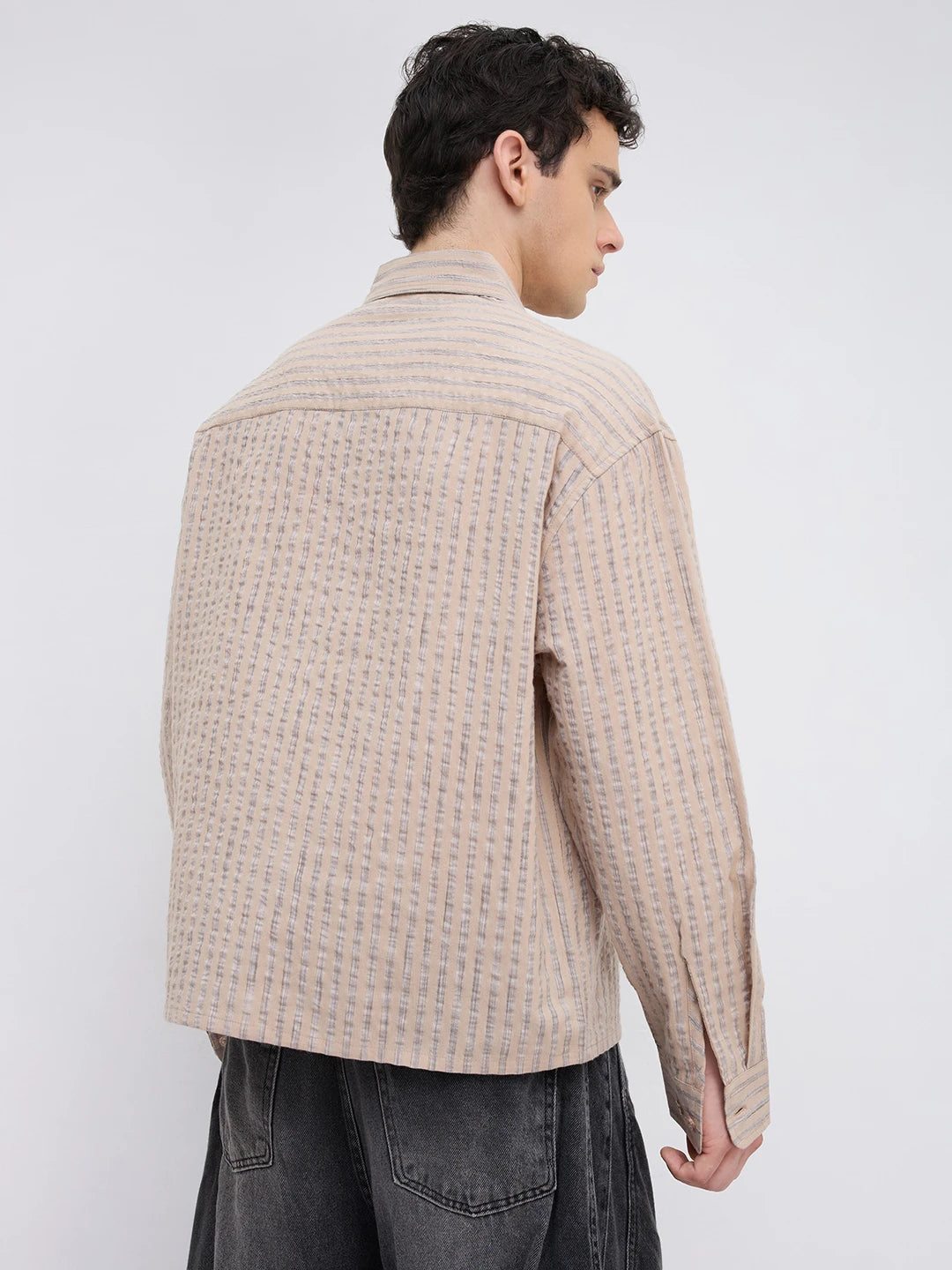 Taupe Beige Fine Striped Boxy Fit Crop Shirt