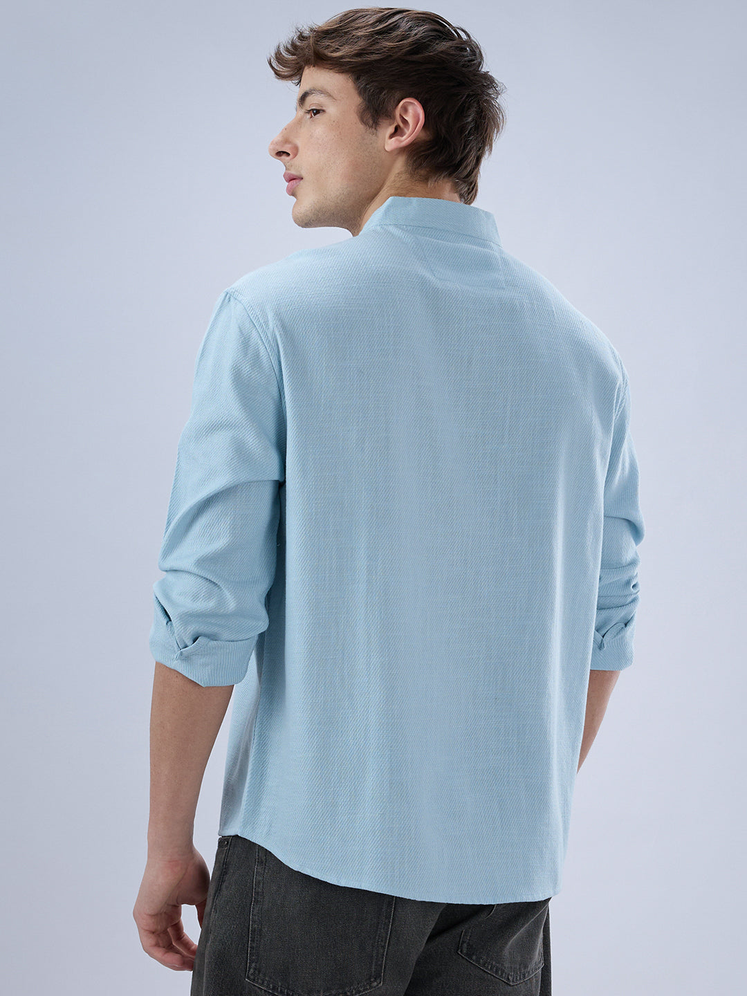 Soft Baby Blue Diagonal Textured Stand Collar Oversized Shirt