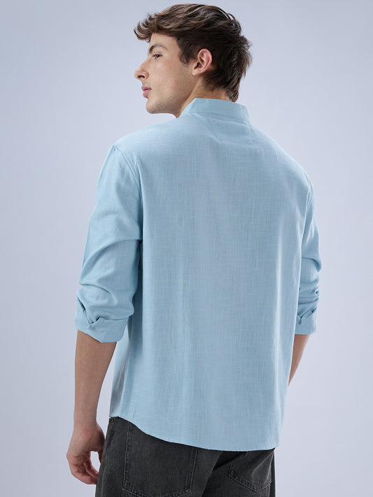 Soft Baby Blue Diagonal Textured Stand Collar Oversized Shirt
