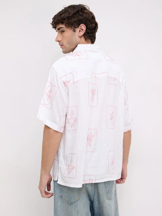 Old Rose Pink Florèal Frame Embroidery Polo Oversized Shirt