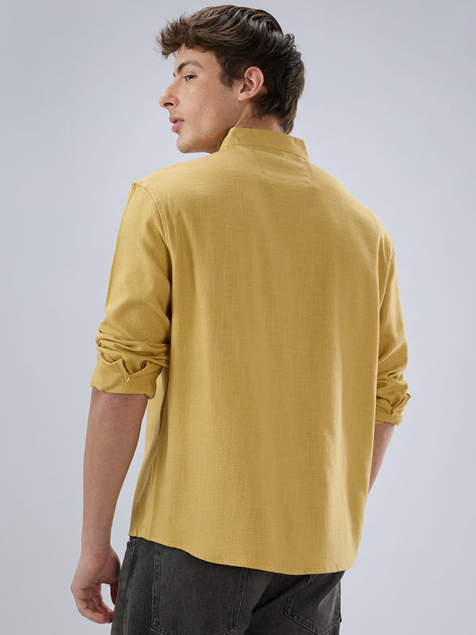 Soft Honey Yellow Diagonal Textured Stand Collar Oversized Shirt