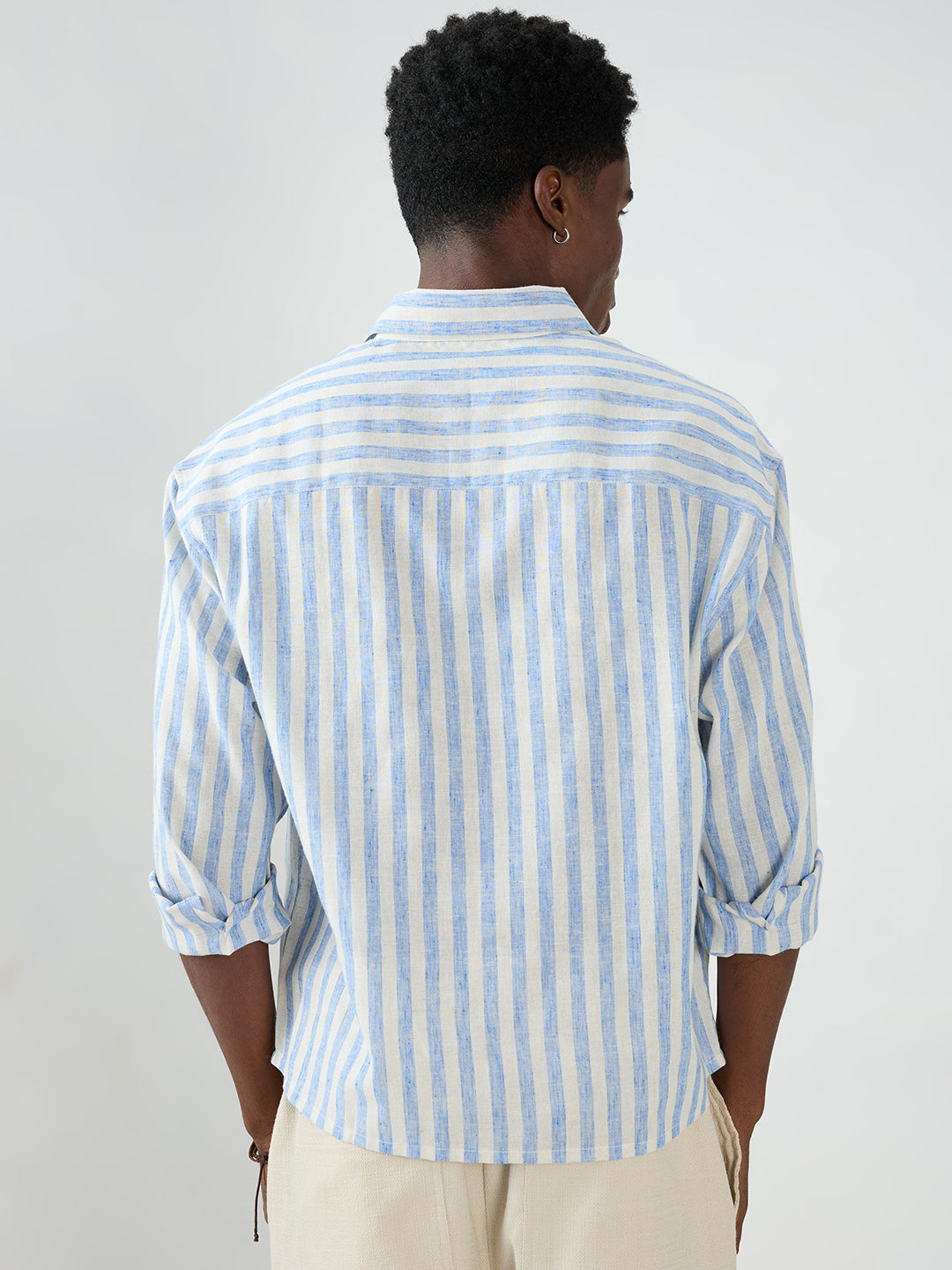 Blue & Off-White Striped Boxy Fit Crop Shirt