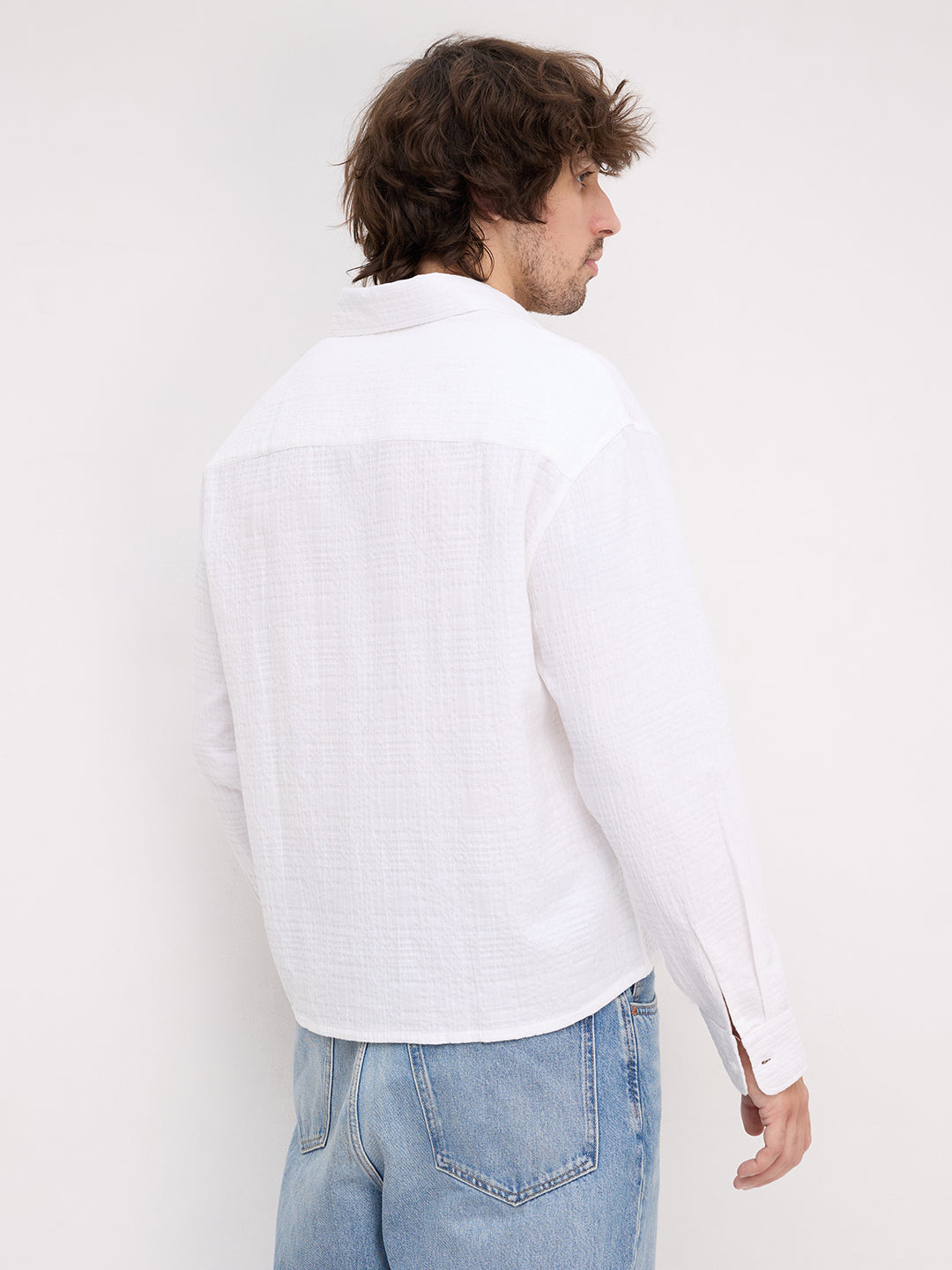 Intricate Pearl White Geometric Textured Boxy Fit Crop Shirt