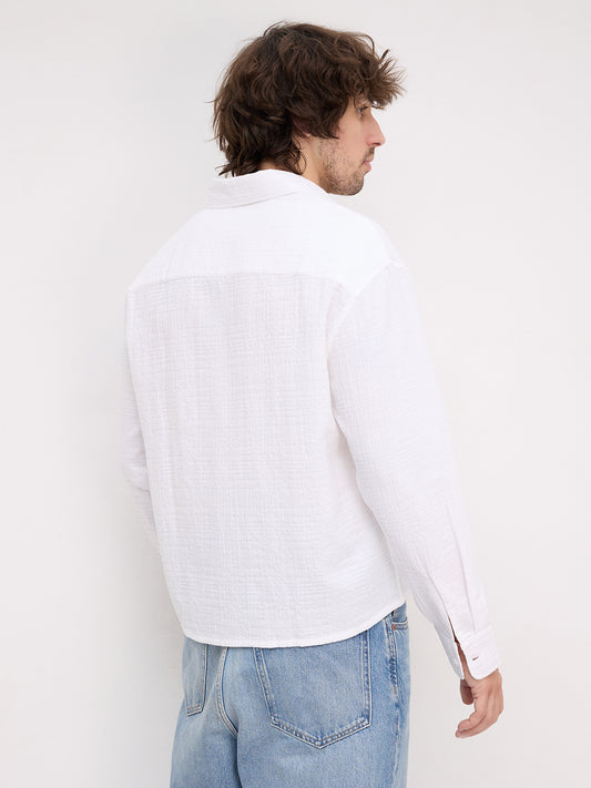 Intricate Pearl White Geometric Textured Boxy Fit Crop Shirt
