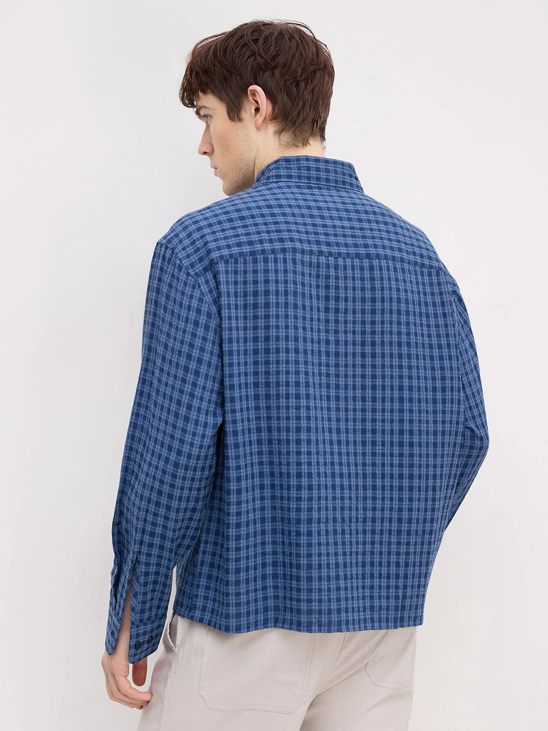 Prussian Blue Atelier Checked Boxy Fit Crop Shirt