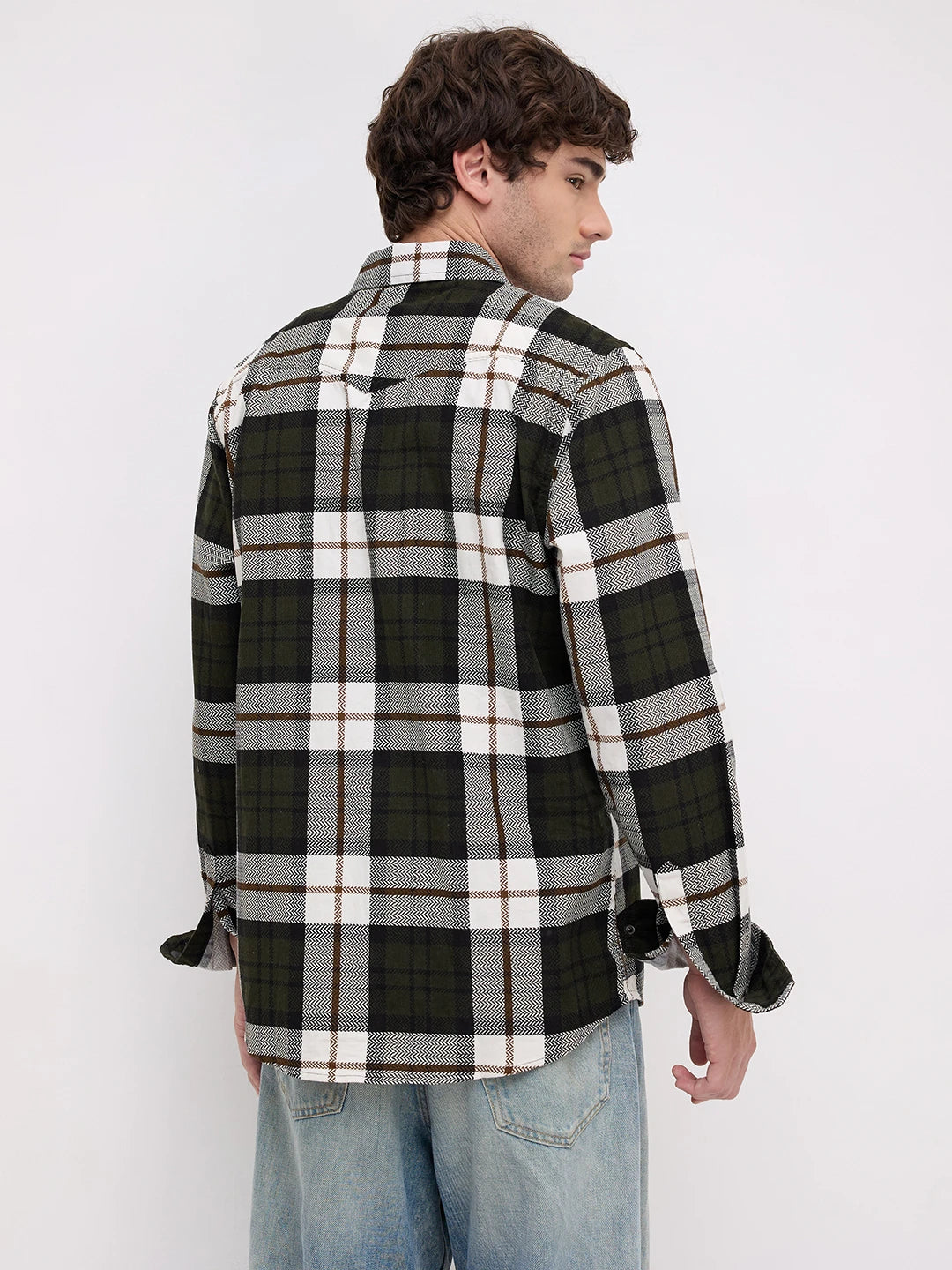Olive & White Herringbone Weave Checked Flannel Corduroy Shirt