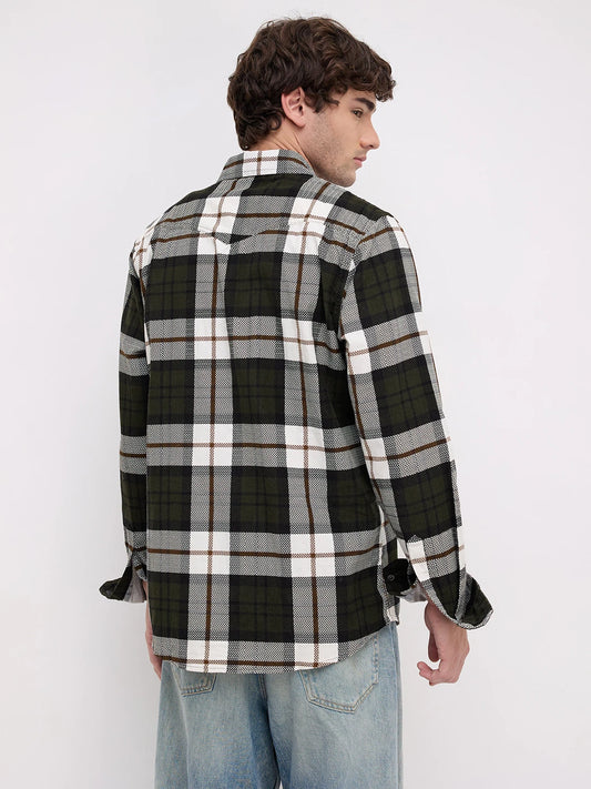 Olive & White Herringbone Weave Checked Flannel Corduroy Shirt