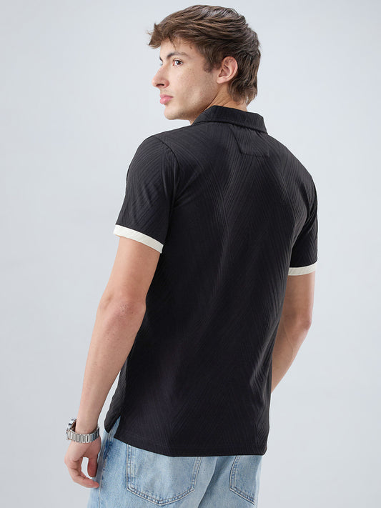 Black Chevron Contrast Polo Neck Knit T-shirt