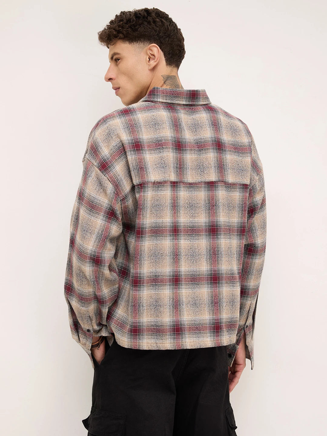 Maroon & Beige Twill Checks Boxy Fit Twin Pocket Crop Shirt