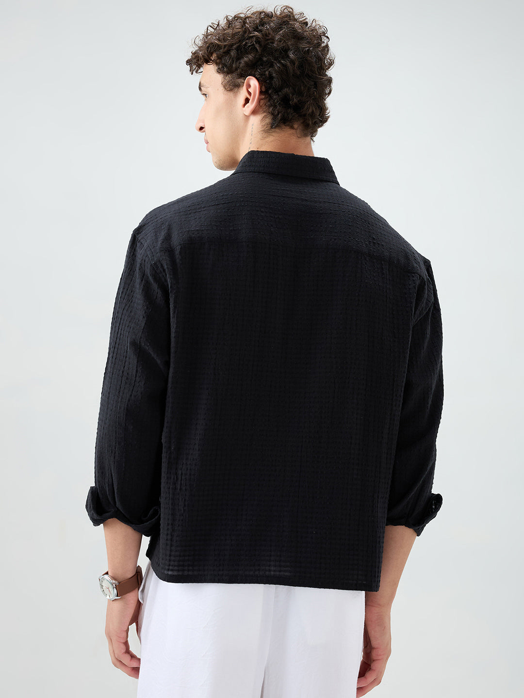 Deep Black Grid Jacquard Weave Boxy Fit Crop Shirt