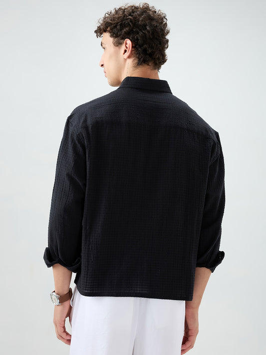 Deep Black Grid Jacquard Weave Boxy Fit Crop Shirt