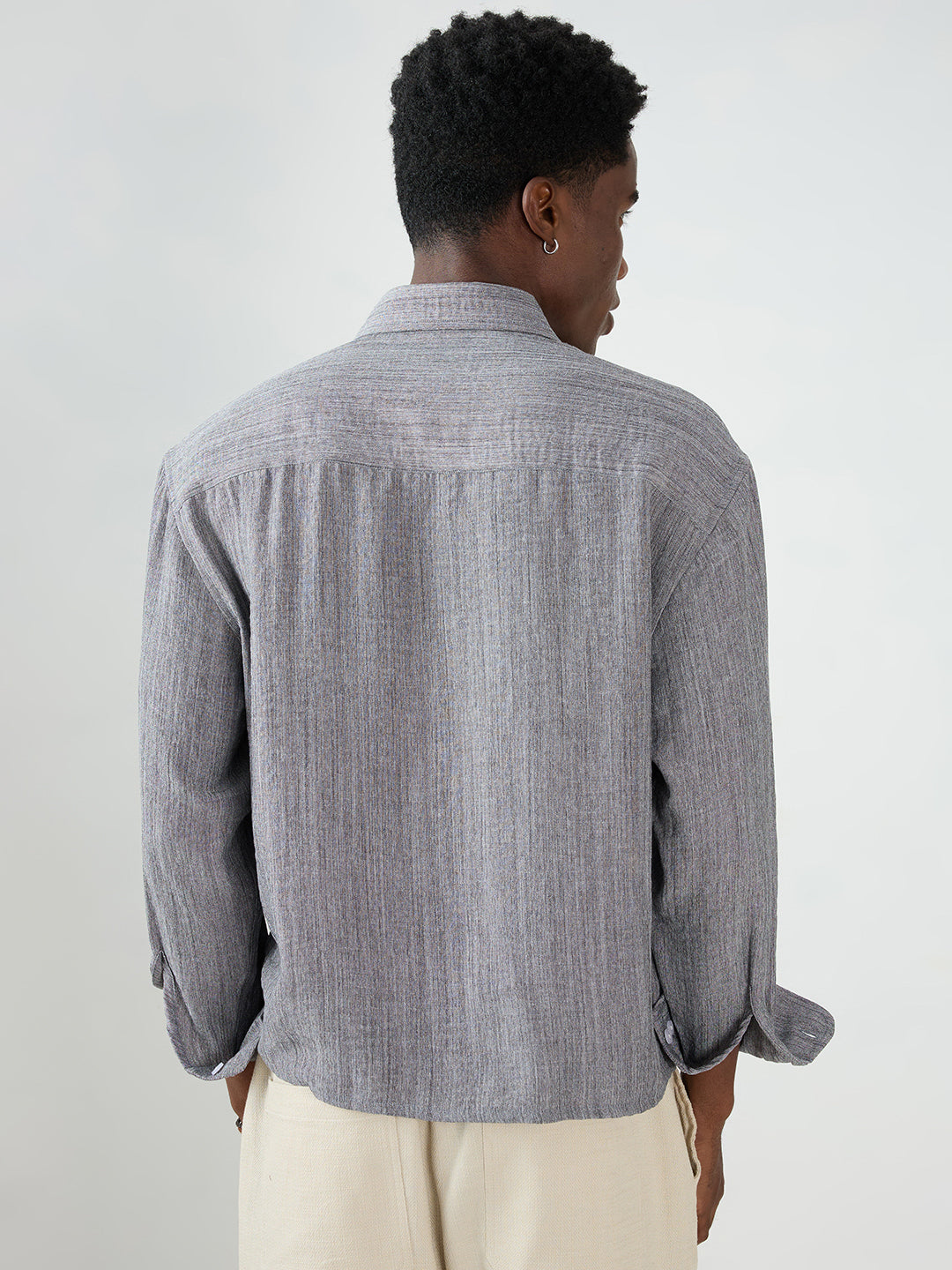 Grey Textured Boxy Fit Crop Shirt