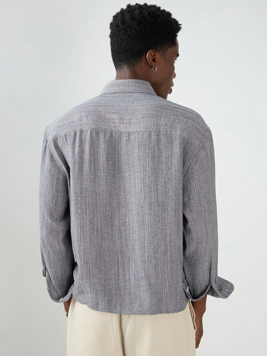 Grey Textured Boxy Fit Crop Shirt