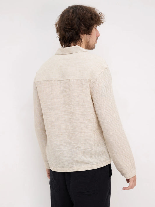 Warm Beige Crinkled  Notch Collar Oversized Shirt