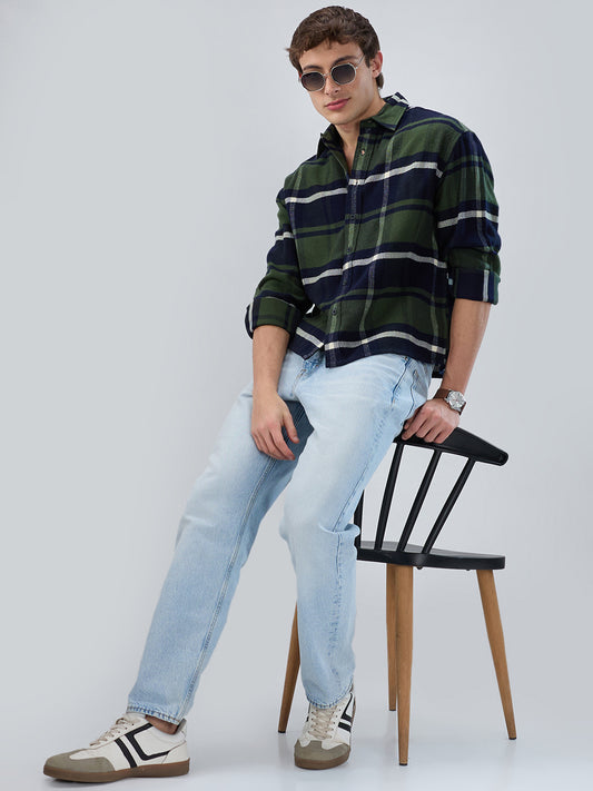 Olive & Navy Checked Boxy Fit Crop Flannel Shirt