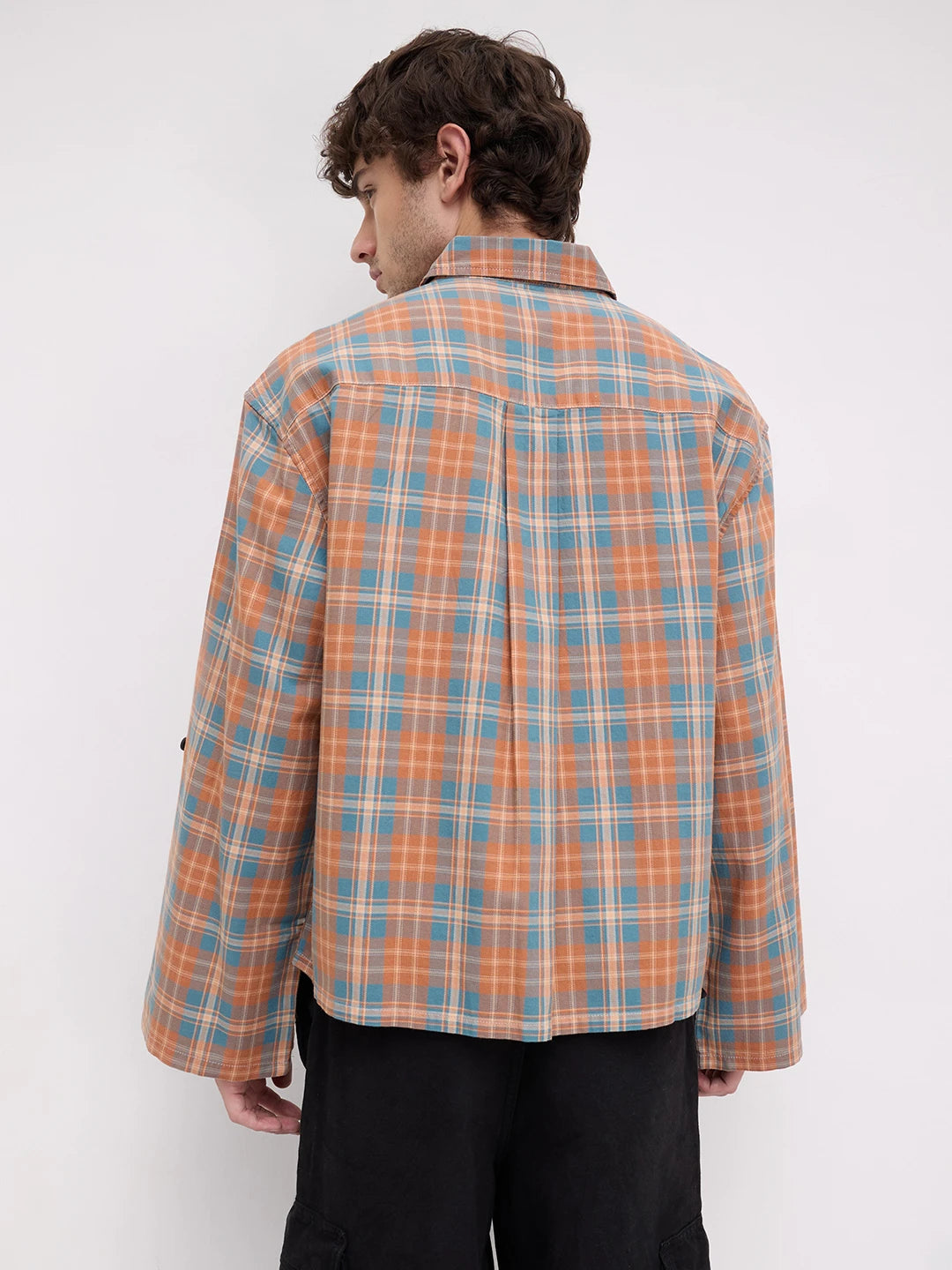 Warm Denim Clay Plaid Checks Cuffless Oversized Crop Shirt