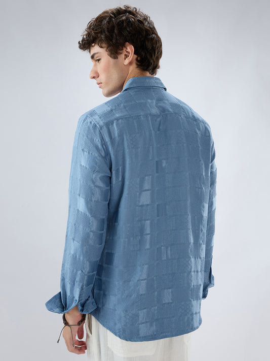 Teal Blue Block Checks Motif Embossed Textured Shirt