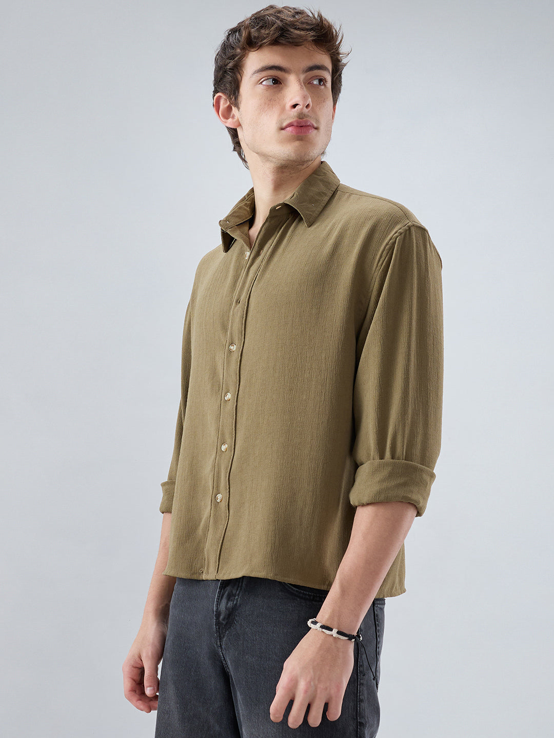 Pickle Olive Textured Boxy Fit Crop Shirt