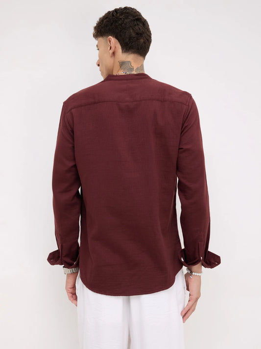 Deep Rust Herringbone Textured Mandarin Shirt