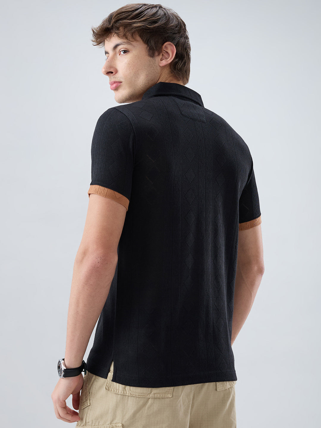 Rich Black Contrast Polo Neck Diamond Weave Knit T-shirt