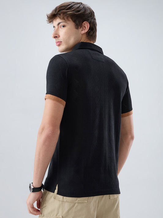 Rich Black Contrast Polo Neck Diamond Weave Knit T-shirt