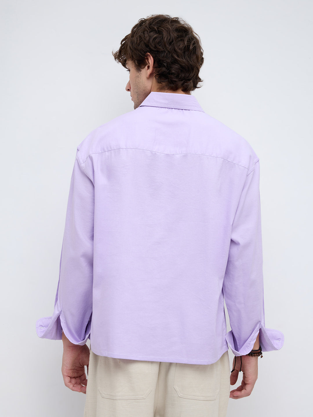 Pastel Lavender Linen Blend Boxy Fit Crop Shirt
