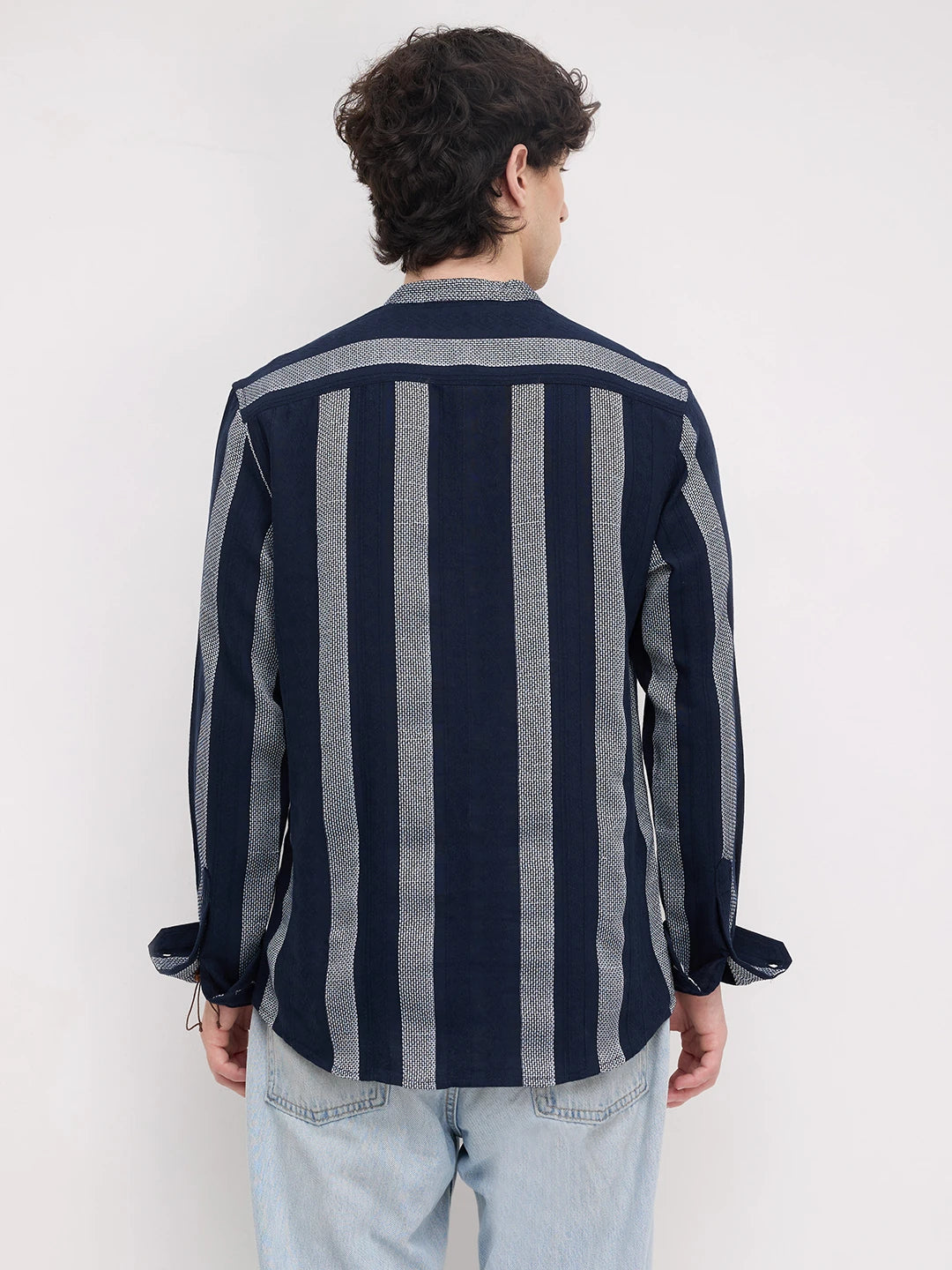 Twilight Navy Artisan Contrast Loom Striped Kurta