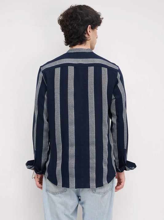 Twilight Navy Artisan Contrast Loom Striped Kurta