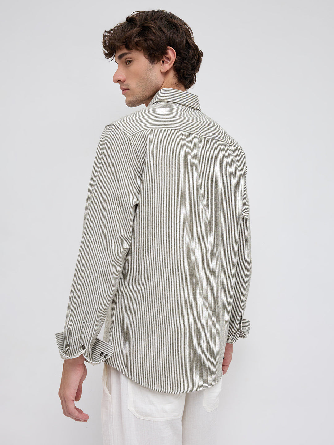 Olive & White Vertical Striped Relaxed Shirt