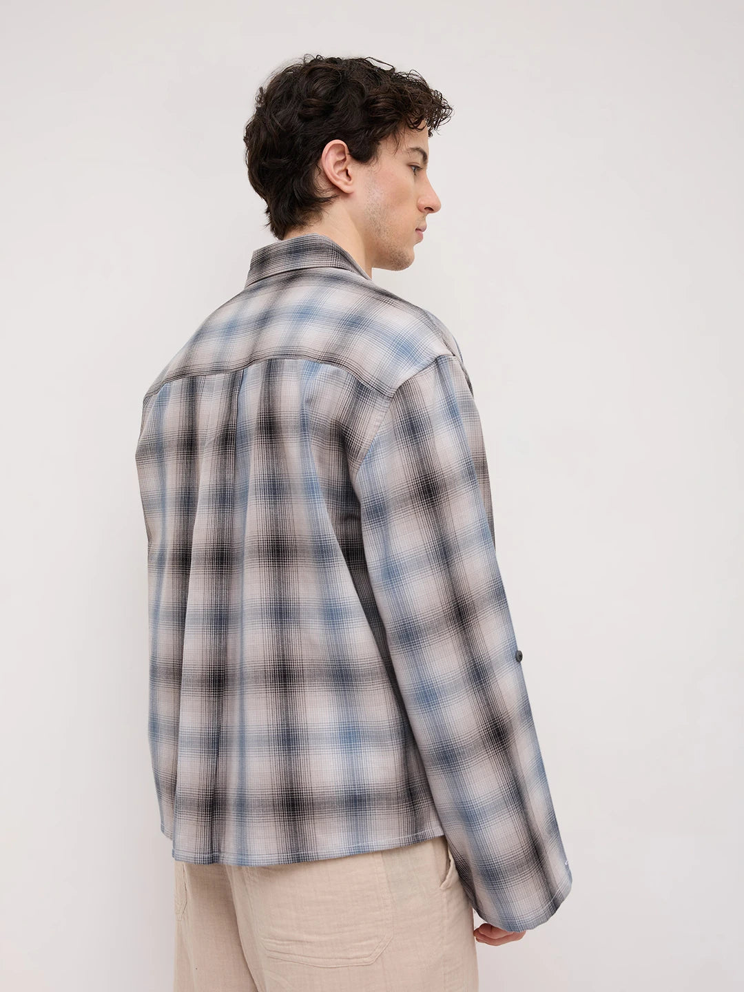 Luxe Grey Shadow Checks Cuffless Oversized Crop Shirt