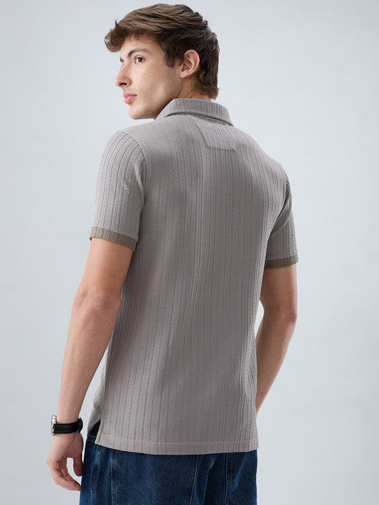 Ash Grey Ribbed Polo Neck Knit T-shirt