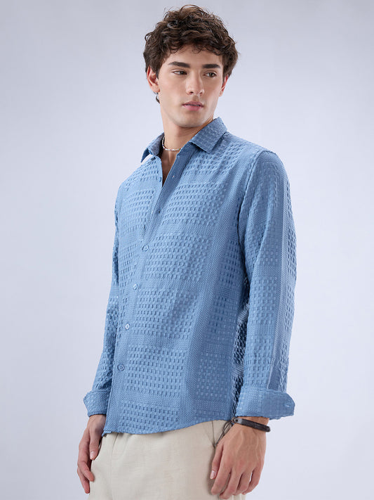 Intricate Columbia Blue Raised Motif Textured Shirt