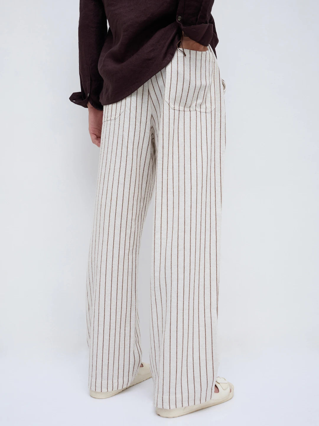 Artistic Ivory & Brown Burlap Striped Straight Fit Trousers