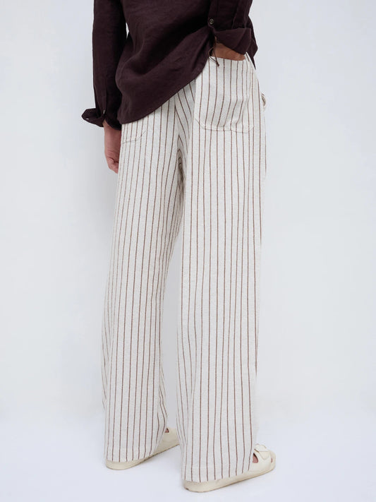 Artistic Ivory & Brown Burlap Striped Straight Fit Trousers