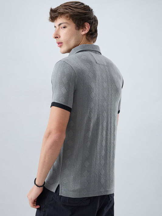 Zinc Grey Contrast Polo Neck Diamond Weave Knit T-shirt