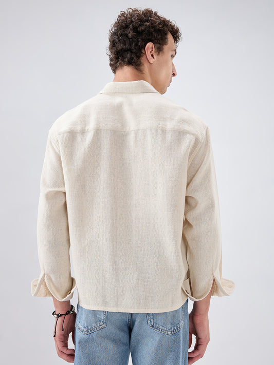 Raw Linen Blend Micro Weave Lozenge Textured Boxy Fit Crop Shirt