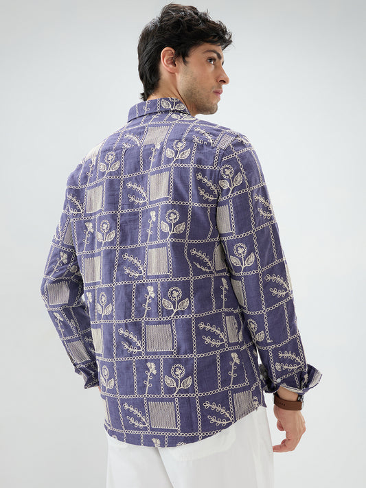 Indigo Frame Floral Contrast Embroidered Shirt