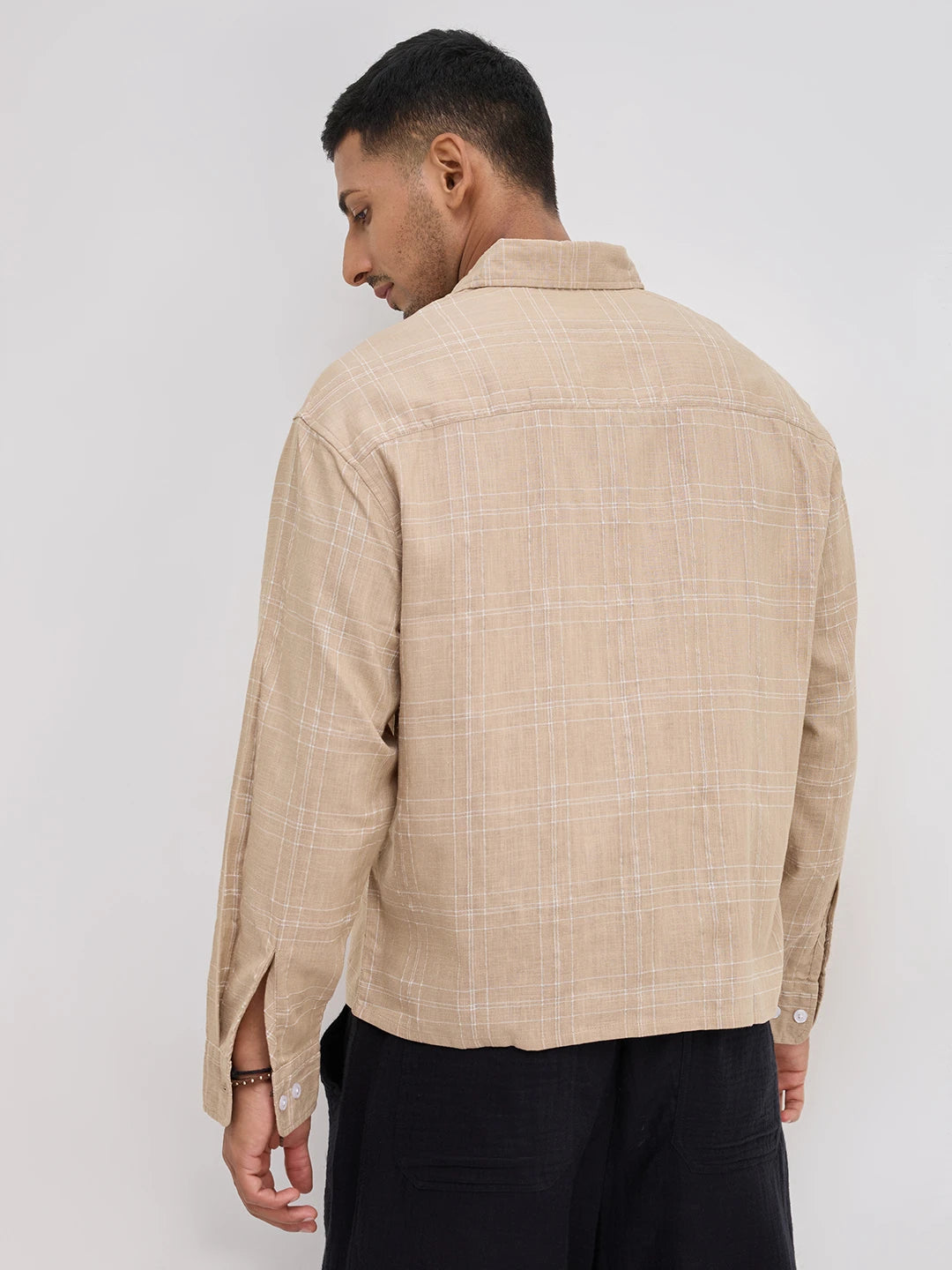 Sand Beige Windowpane Check Boxy Fit Crop Shirt